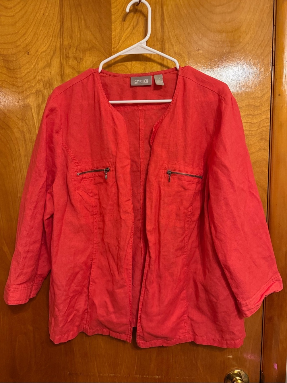 Chico's Vibrant Coral Open-Front Linen-Blend Jacket - Picture 1 of 3